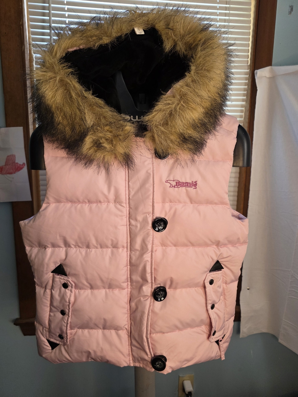 Y2k Womans Pink Puffer Vest with Faux Fur Hood